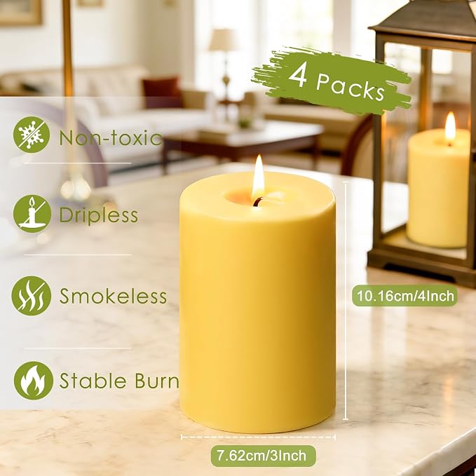 Beeswax Candles Pillar 3x4 Inch, 4 Pack Non Toxic Bees Wax Candle for Home Decor, Large Natural Organic Pillar Candle with 60 Hours Long Burning Time for Emergency, Meditation, Relax