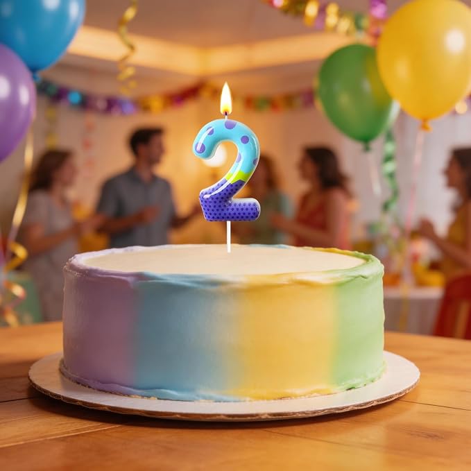 Number 2 Birthday Candle for Cake – Colorful Polka Dot & Patchwork Design – Fun Cake Topper Decoration for Birthday Celebration