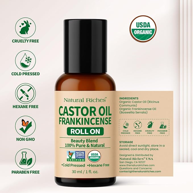 Natural Riches Organic Castor Oil and Frankincense Eye Roller 30 ml - Lightweight Roll On for Under Eye Puffiness, Face, Wrinkles, Fine Lines - Cold Pressed and Hexane Free.