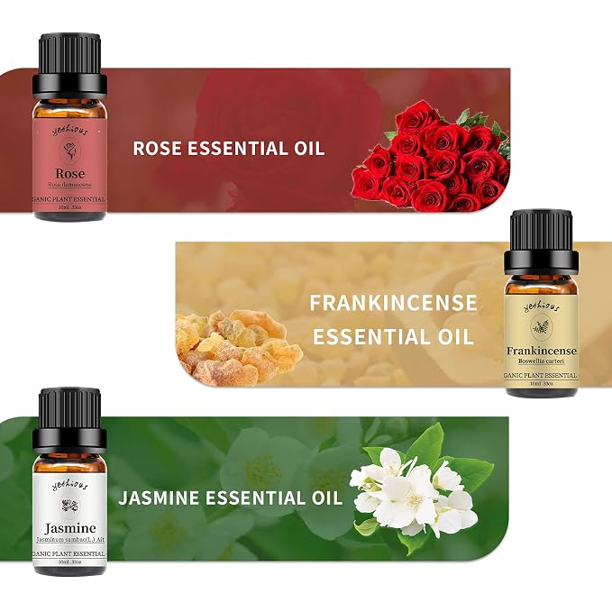 yethious Frankincense Jasmine Rose Essential Oil 100% Organic Pure Rose Essential Oil for Diffuser & Aromatherapy