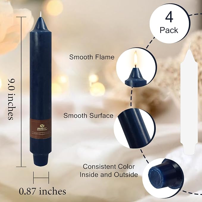 Navy Taper Candle 9 Inch Long Candlesticks Unscented Dripless Tapered Candle Set for Home Decor Wedding Party Dinner Candles, 4 Pack