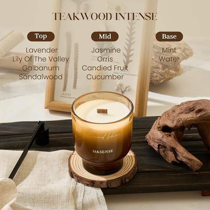 M&SENSE 9.9oz Natural Soy Wax Jar Candle with Wooden Wick | Teakwood Intense Scent | 55-Hour Burn & Long-Lasting Burn | Housewarming Gift for Men and Women