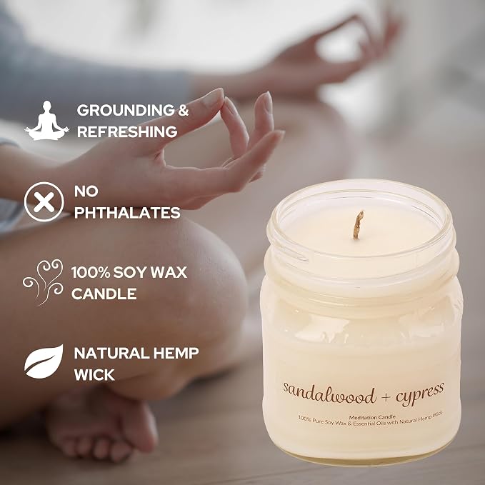 Meditation Soy Wax Candle, Relaxing and Banishing Negative Energy, Non-Toxic Handpoured Glass Jar Candle - Clean Burning, Long Lasting, Candles for Home, Fragrance (Sandalwood + Cypress)