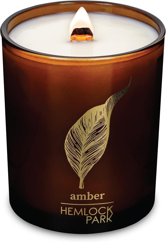 Hemlock Park Amber Amber & Gold Scented Candle | Crackling Wood Wick, Botanical Fragrance & Coconut Apricot Wax | Up to 50 Hour Burn Time | 7.2 oz | Made in USA