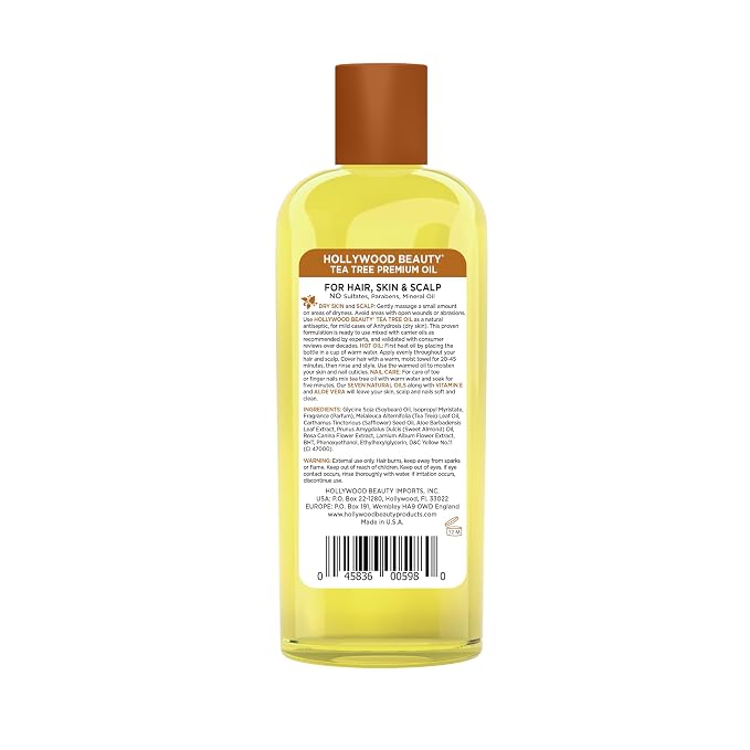 Hollywood Beauty Tea Tree Oil for Hair, Scalp, and Skin, 8 fl oz - Moisturizes Dry, Itchy Scalp, Blended with Vitamin E & Aloe