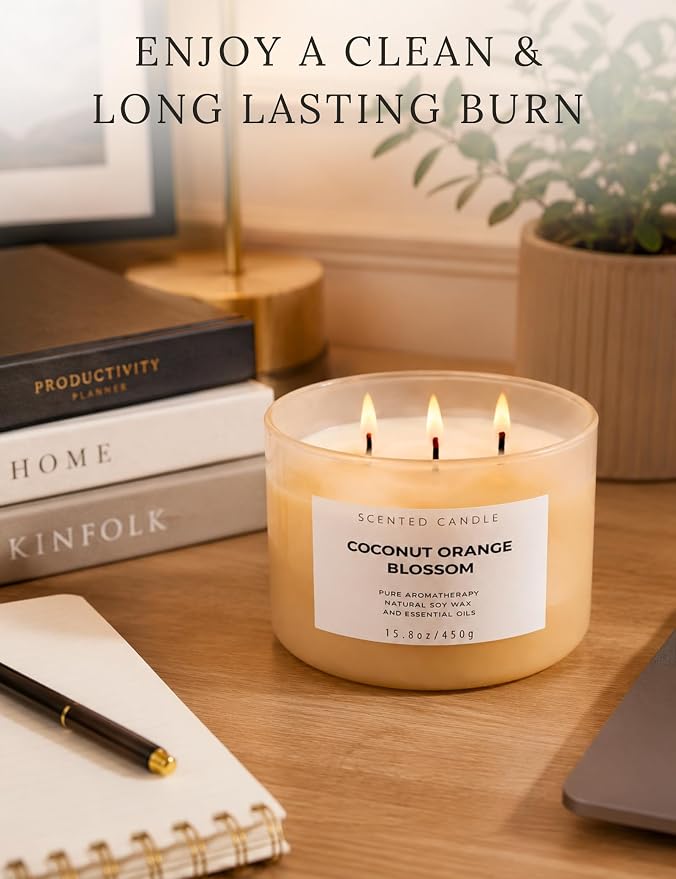 Coconut Orange Blossom Candle | 3-Wick Large Soy Candle 15.8 oz | Creamy Tropical Citrus Floral Scented Candles for Home | Strong Throw, Clean Burn Long Lasting | Aromatherapy Gift for Women