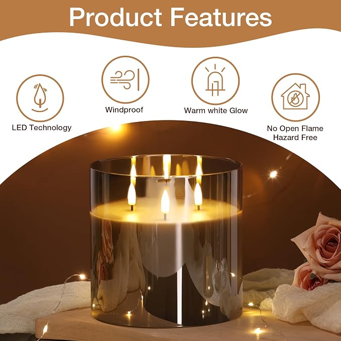 Eywamage 3 Wick Smoke Grey Glass Flameless LED Candle with Remote, Flickering Large Battery Pillar Candle Decor Φ 6" H 6"
