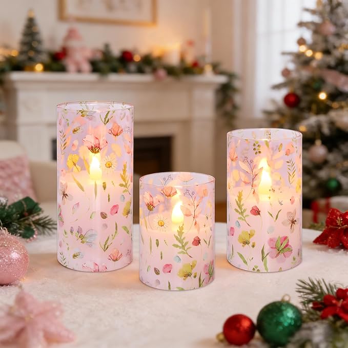 Pink Flameless Candles with Remote Timer, Glass Battery Operated Candles, Pink Flower Decals LED Candles for Home Party Wedding Mother's Day Thanksgiving Decor Set of 3