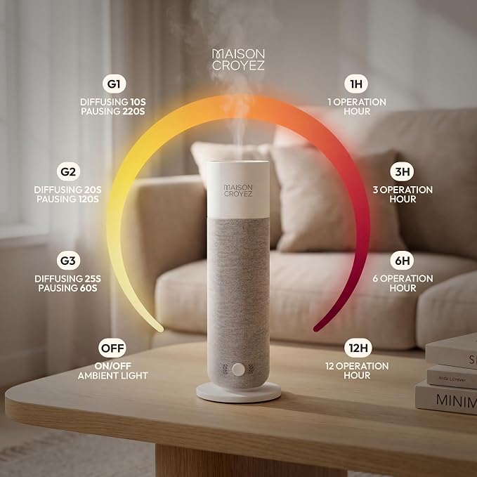 Waterless Essential Oil Diffuser (120ml Bottle) – Nebulizing Aroma Diffuser, 3 Intensity Levels, 1/3/6H Timer + Auto Mode, Warm Ambient Light, Up to 600 sqft