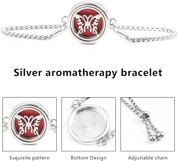 Essential Oil Diffuser Bracelet Aromatherapy Locket Adjustable Stainless Steel Butterfly Bracelet with 10 Pcs Refill Pads for Women Girls