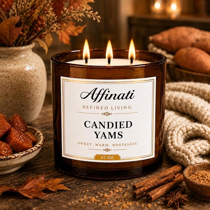 Affinati Candied Yams 3-Wick Scented Candle – Large Soy Blend Candle, Strong Scent Throw Warm Autumn Sweet Marshmallow Gourmand Candle, Premium Fall Holiday Gift