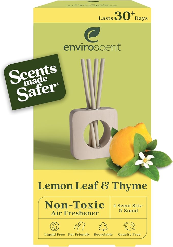 Enviroscent Non-Toxic Air Freshener for Home | Liquid Free Diffuser | Home Fragrance Lasts Over 30 Days | Kit Includes 1 Mango Wood Stand & 1 Scent Stix Refill (Lemon Leaf & Thyme)