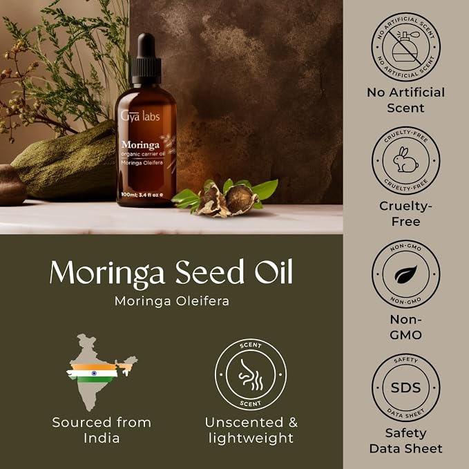Gya Labs USDA Organic Moringa Seed Oil - 3.4 Fl Oz - Carrier Oil for Hair, Skin, Face, Scalp & Body Massage