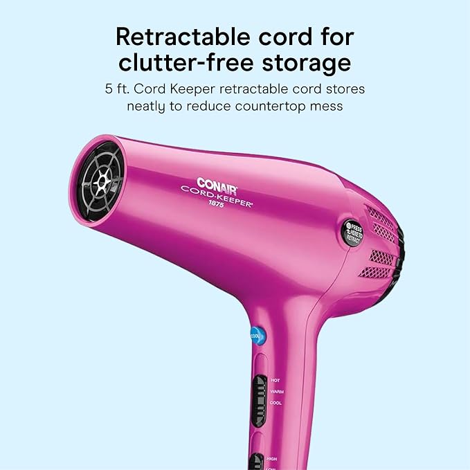 Conair Cord Keeper Hair Dryer | 1875W, Retractable Cord, for Multiple Hair Types, Includes Diffuser and Concentrator, Pink, 209BCX
