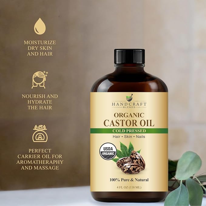 Handcraft Blends Cold-Pressed Organic Castor Oil 4 Fl Oz | Glass Bottle | Lash Brushes | 100% Pure and Natural | Premium Grade Carrier Oil | Hair, Eyelashes and Eyebrows | Hair and Body | Cold-Pressed