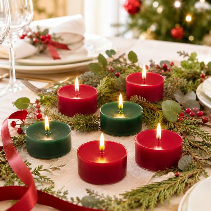 Red & Green Tea Lights Set of 24, Apple Cedar Scented Tealight Candles, Handmade Tea Candles, Long Burning Tealights for Romantic Wedding Home Decor Gift