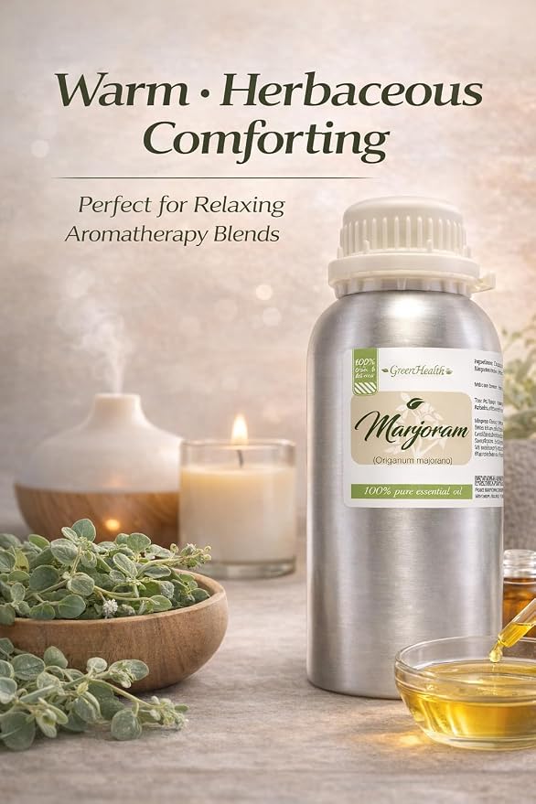 Marjoram Essential Oil 16 fl oz (473 ml) – 100% Pure & Undiluted Origanum majorana – Bulk Aromatherapy Oil for Diffuser, Massage, Soap & Candle Making – Aluminum Bottle w/Plug Cap – GreenHealth