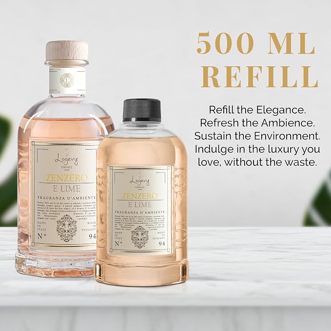 Logevy Firenze 1965 Zenzero e Lime – Ginger & Lime Luxury Home Fragrance Diffuser Refill from Master Perfumer in Italy with Spicy, Floral & Fruity Notes in Clear PET Bottle – 500ml