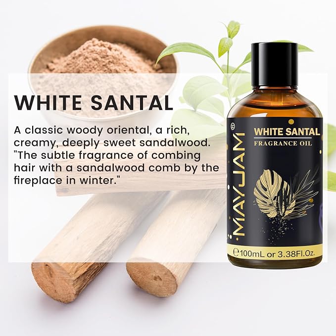 White Santal Fragrance Oil Essential Oil, MAYJAM 3.38FL.OZ White Santal Oil for Diffusers for Home, Long Lasting Scented Oils for Soap Candle Making - 100ML