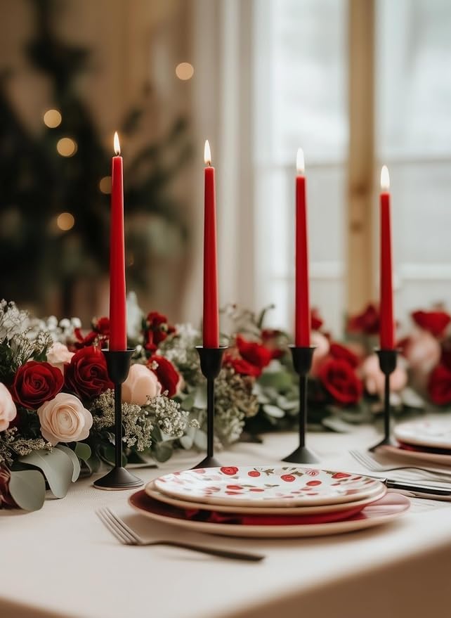 10" Classic Taper Candles, Red, 4-Pack, 7-8 Hours Long Burning, Unscented Tall Candlesticks
