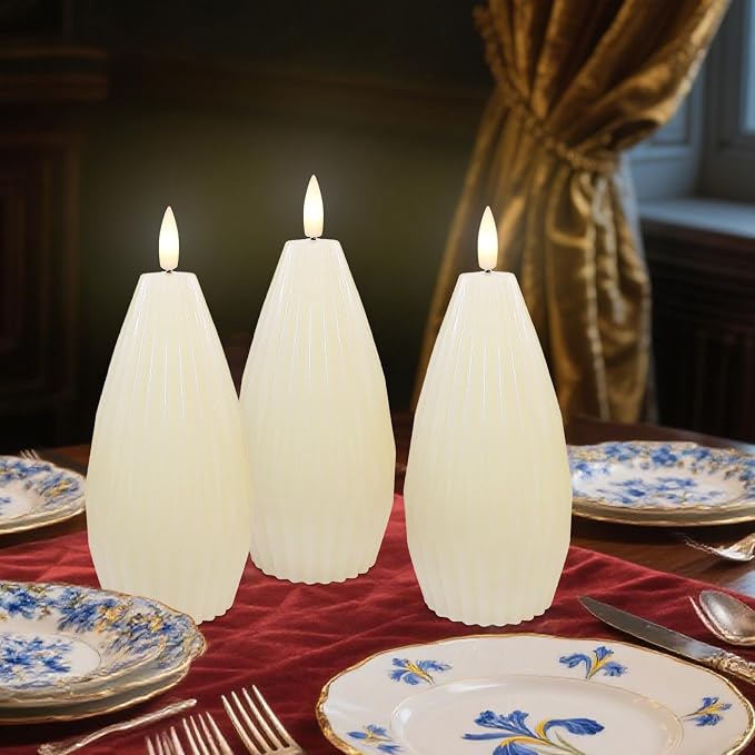 Ivory White Ribbed Flameless Candles Battery Operated with Remote Geometric Aesthetic Stripe Flickering Realistic LED Real Wax Candle Vintage Home Decor for Christmas Table Fireplace Mantel, 3 Pack