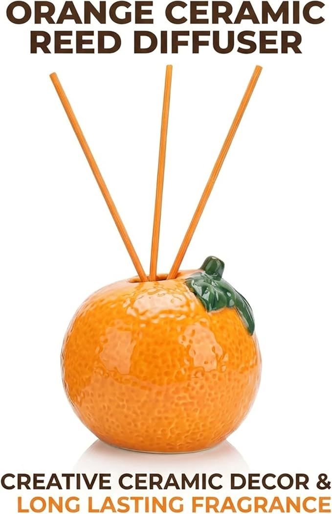 Sweet Natural Orange Scented Reed Diffuser Set – 6.76 fl oz (200ml) with Sticks, Creative Orange-Shaped Ceramic Design for Home, Bedroom & Bathroom Decor, Long Lasting Aromatherapy Gift