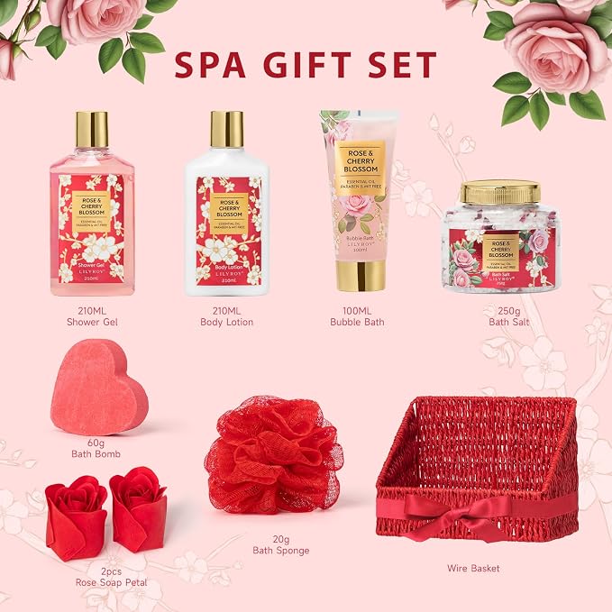 Gifts for Women, Birthday Gift - 9 Pcs Rose Spa Gift Baskets for Women, Mothers Day Gift Basket, Bath and Body Gift Basket Set for Mom, Gift Set | Christmas Gifts, Valentines Day, Gift Sets for Mom