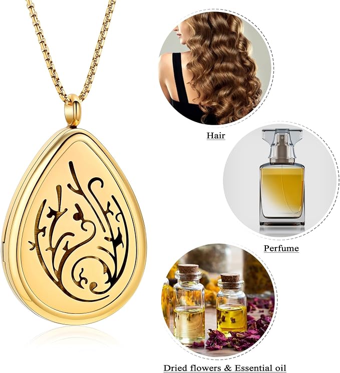 Tree of Life - Stainless Steel Teardrop Aromatherapy Essential Oil Diffuser Necklace Locket Necklace Pendant (Gold)