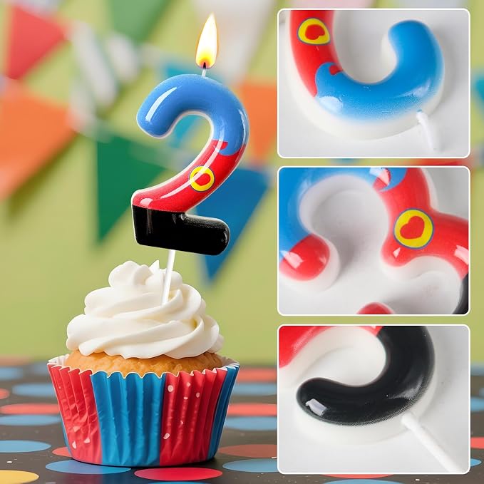 Number 2 Birthday Candle for Cake – Red Blue Cartoon Hero Style with Heart Design – Cute Cake Topper for Birthday Party Decoration
