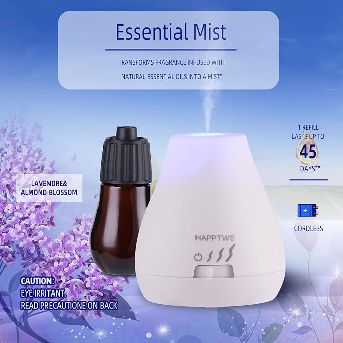 HAPPTWS Essential Oil Diffuser - Waterless Diffuser 3 Timer Settings Battery Powered for Bedroom Yoga Room Toilet Pet Room White