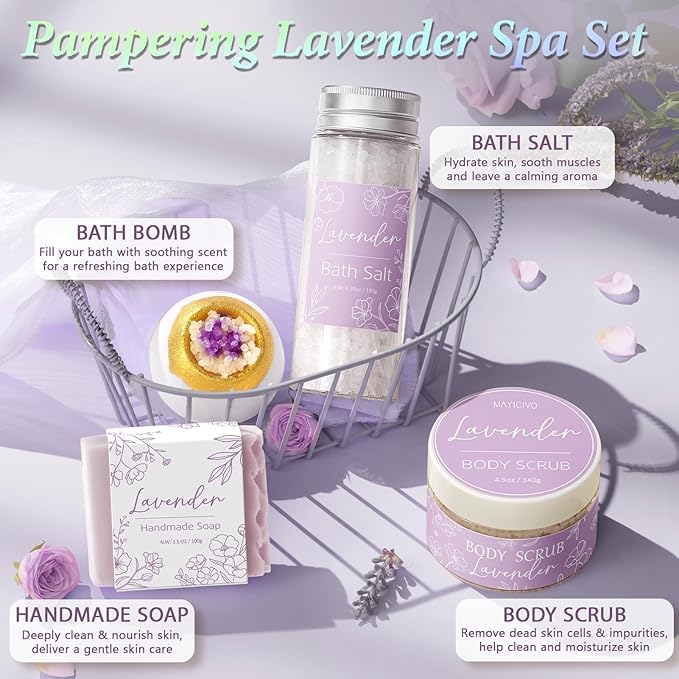 Spa Gifts for Women Bath Gift Set, Lavender Relaxing Spa Gift Baskets Home Bath Set Self Care Kit Care Package Thank You Birthday Mothers Day Easter Gifts for Women Mom Friends Sister Teen Girl Wife