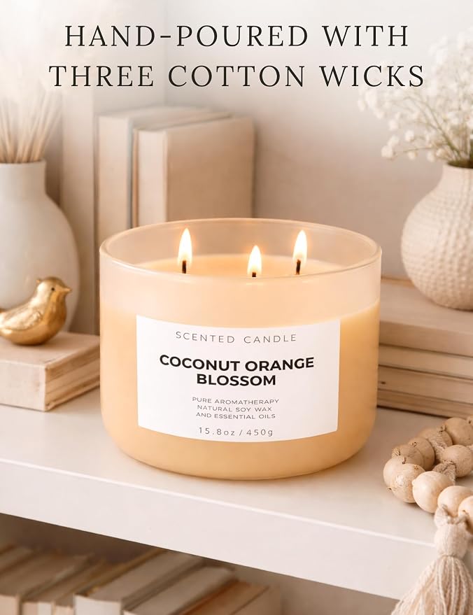 Coconut Orange Blossom Candle | 3-Wick Large Soy Candle 15.8 oz | Creamy Tropical Citrus Floral Scented Candles for Home | Strong Throw, Clean Burn Long Lasting | Aromatherapy Gift for Women