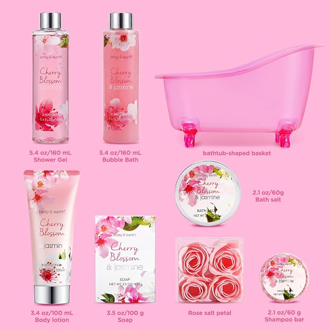 Body & Earth Spa Gifts for Women Self Care Kit - 8pcs Cherry Blossom & Jasmine Bath Sets for Women, Birthday, Mother's Day Gift Baskets for Mother, Wife, Girlfriends