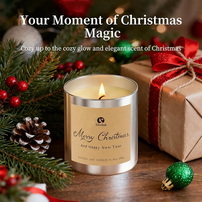 Christmas Scented Candles Gifts for Women Men, 9.9oz 65H Long Lasting Burn Non Toxic Soy Candles Clean Burn for Christmas Holiday Gifts Home Scented, English Pear Freesia Essential Oils