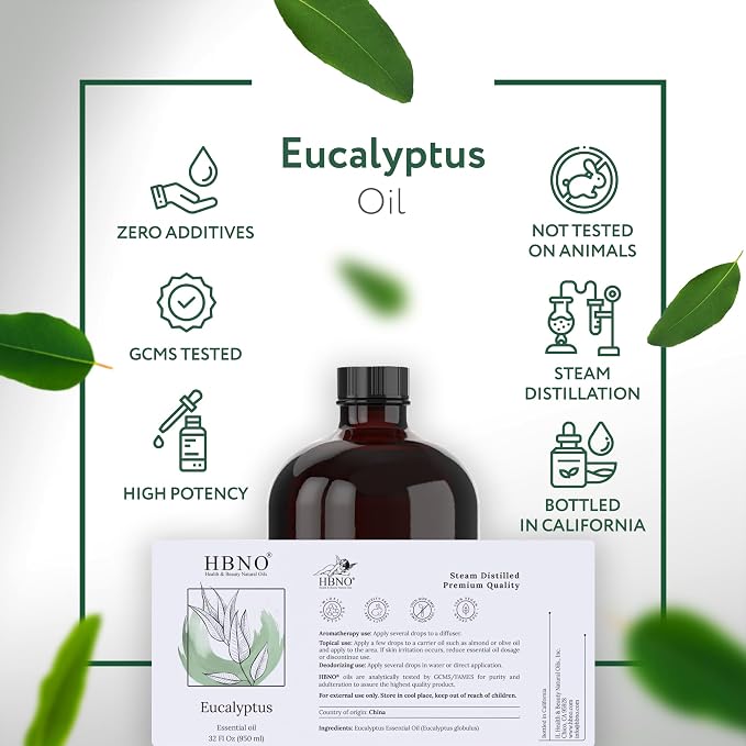 HBNO Eucalyptus Oil - 32 oz (950ml) Large Size - Ideal for Shampoos, Conditioners, Mouth Washes, Face wash, Lotions, and Skin Care Products.