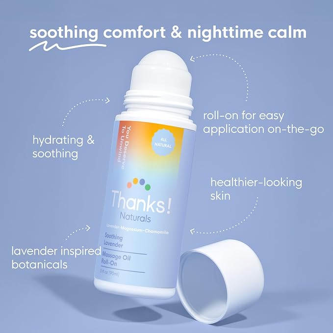 Massage Oil Roll On, Soothing Lavender Magnesium, Vegan, Cold Pressed with Lavender, Chamomile, Arnica & Essential Oils, Use After Shower or Before Bed, Self Care Essential, 3 FL OZ