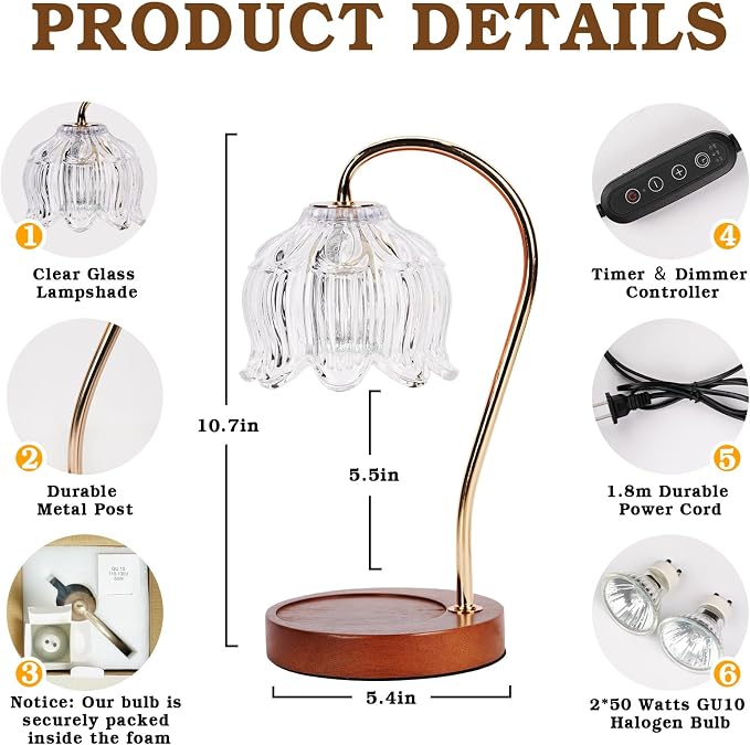 Funistree Flower Candle Warmer Lamp with Timer, Dimmable Candle Lamp Warmer, Christmas Birthday Gifts for Women Mom Her, Housewarming Home Decor, Lotus Wax Warmer for Yankee - Clear Lily 10 Inch