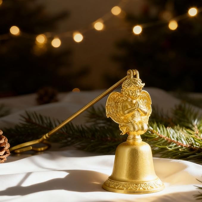 Golden Angel Candle Snuffer with Heart-Shaped Handle, Elegant Praying Angel Design Metal Candle Extinguisher, Safe and Clean for Home, Church, Gifts, 8cm x 19cm