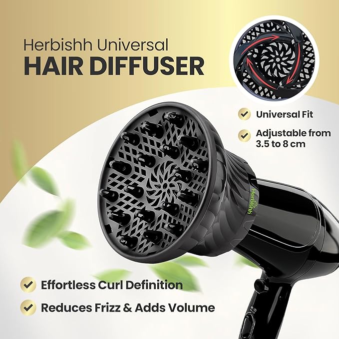 Herbishh Hair Dryer Diffuser Attachment for Even Heat Distribution, Universal Fit for Curly, Thick & Wavy Hair, Reduces Frizz & Adds Volume, Gifts for Her, Adjustable from 3.5 to 8 cm (Black)