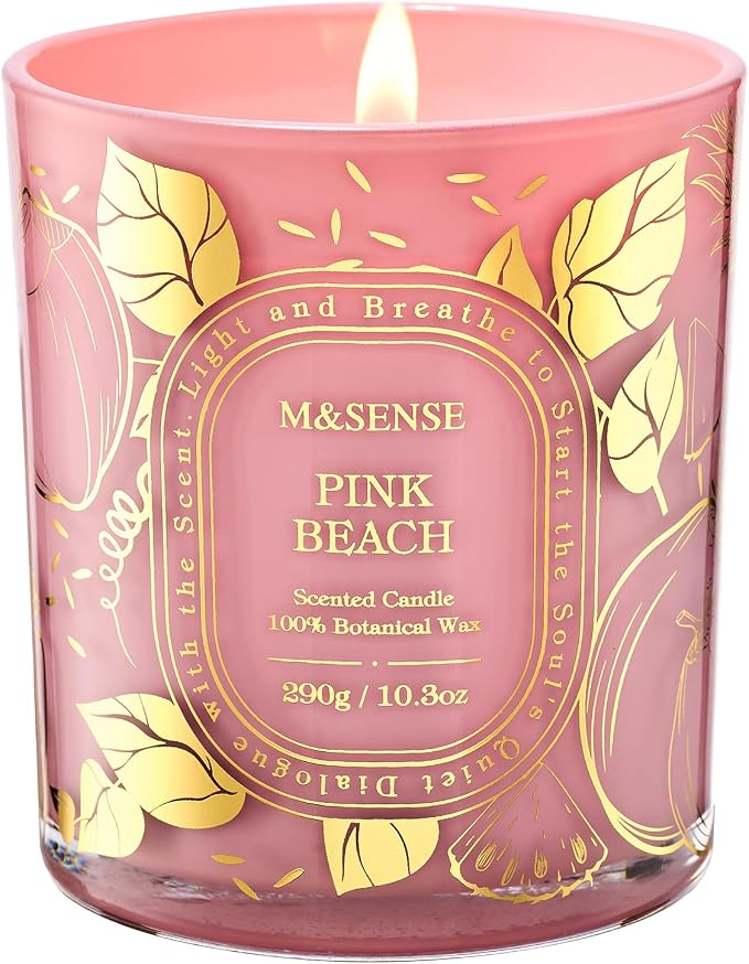 M&SENSE Pink Beach Soy Candle, Tropical Vacation Summer Relax Gift | 55H Clean Soy Wax Long Lasting, Bathtub Beach Escape, Non-Toxic Summer Safe, Reusable Pink Matte Jar