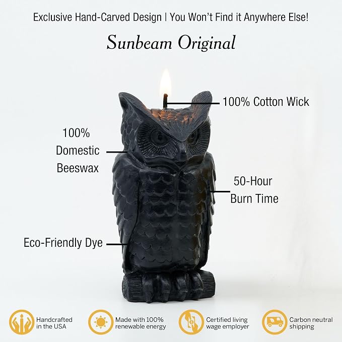 Sunbeam Candles 100% Pure Beeswax Black Wise Owl Candle | Long Burning 50-Hours | Made in USA | Ideal for Cozy Nature Inspired Decor