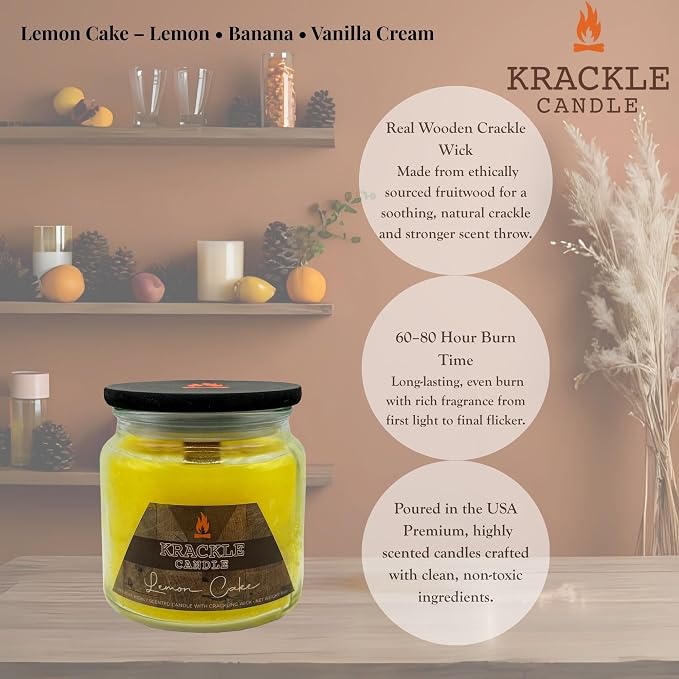 Krackle Candle | Lemon Cake | 16 oz Scented Candle with Natural Crackling Wooden Wick | Poured in the USA | Lemon, Banana & Vanilla Cream Fragrance