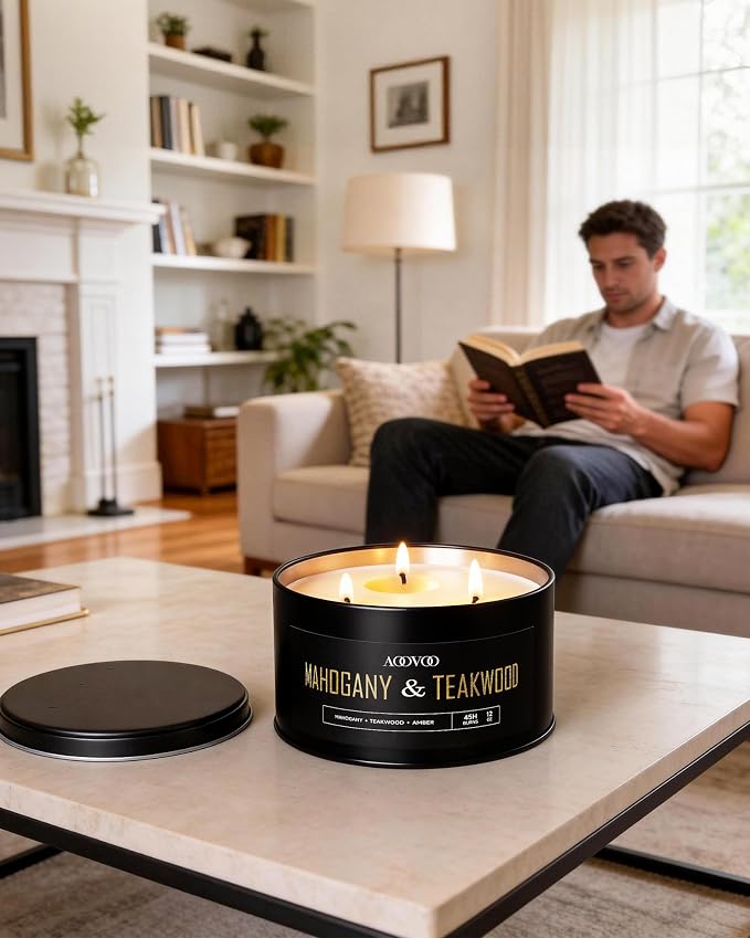 AOOVOO Mahogany Teakwood Candles for Men - 3 Wick 12oz Large Scented Candle, Long Lasting Soy Candles for Home Scented, Strong Fragranced Masculine Black Candle Gift for Father Day, Women & Men