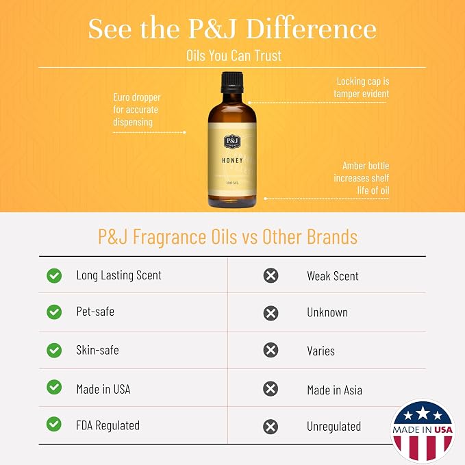 P&J Fragrance Oil - Honey Scented 100ml - Candle Scents, Soap Making, Diffuser Oil, Fresh Scents