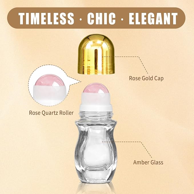 Rose Quartz Roller Waisted Bottles for Essential Oils,50ml Refillable Clear Glass Roll On Bottles with Natural Crystal Roller Balls, Leak-Proof Travel Perfume Bottle with Gold Caps