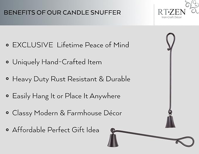 RTZEN Rustic Bell Candle Snuffer - Handcrafted Decorative Rustic Wrought Iron Candle Extinguisher Candlesnuffer with Long Handle - Unique Black Matte Farmhouse Decor Accessories Gift
