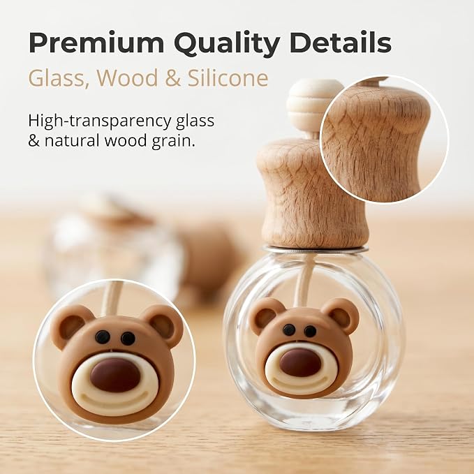 2 Pack Bear Refillable Car Vent Clip Diffuser Empty Glass Bottle | Wood lid aroma bottle with dropper, holds essential oils for car wardrobe home bathroom use
