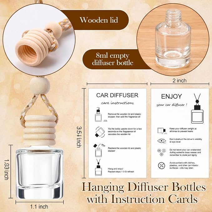 Boao 50 Sets Hanging Car Air Freshener Diffuser Bottles Empty Bulk with Car Diffuser Instruction Cards Organza Bags Glass Refillable Essential Oil Fragrance Aromatherapy Pendant (Cylindrical,Clear)