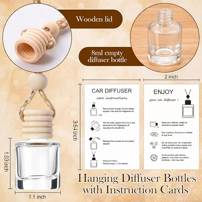 Boao 100 Sets Hanging Car Air Freshener Diffuser Bottles Empty Bulk with Car Diffuser Instruction Cards Organza Bags Glass Refillable Essential Oil Fragrance Aromatherapy Pendant (Cylindrical,Clear)
