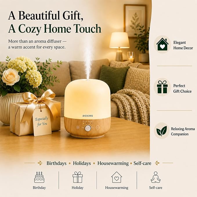 Essential Oil Diffuser 300ML for Bedroom & Large Room, Up to 24 Hours Runtime, Aromatherapy Diffuser with Auto Shut-Off, 28dB Whisper Quiet, 7 Color Night Light, Wood Grain Diffuser by BOXING